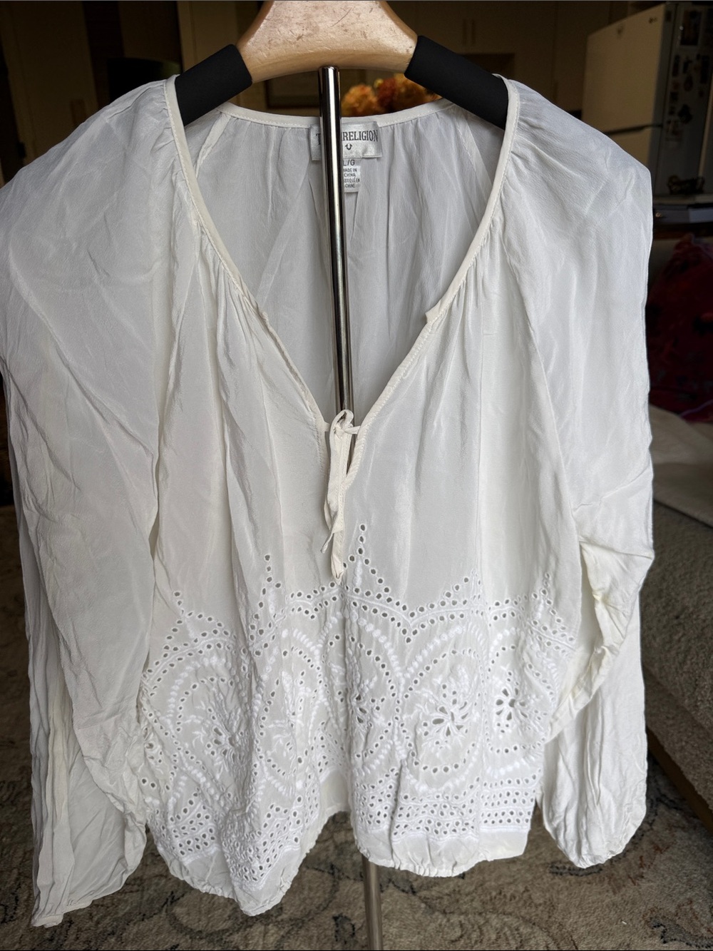 True Religion sheer silk lace-up boho eyelet embroidery blouse